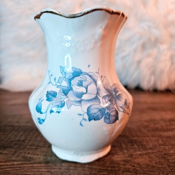 Antique Anchor Pottery Small White Porcelain Vase with Blue Roses, 4.75” - Picture 1 of 6